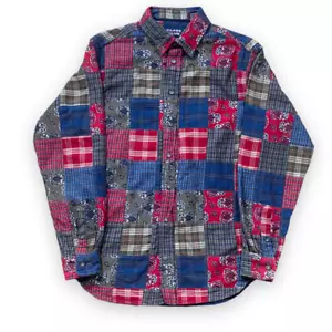 Vintage 90s Patchwork Shirt Multicolor Plaid Paisley Grunge Unisex Button Up - Picture 1 of 14