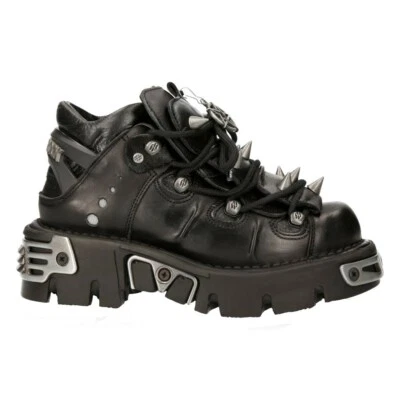 New Rock 110-S1 Unisex Black Leather Boots Rock Goth Emo Stud Low Biker Boots - Image 1 of 4