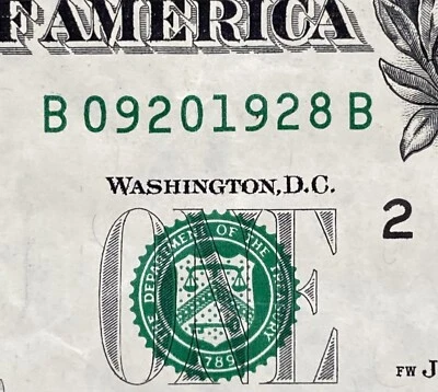 September 20th, 1928 BIRTHDAY  NOTE FANCY SERIAL NUMBER  2021 $1 Dollar - Image 1 of 4