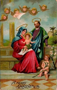 Postal de Navidad Jesús María José Querubines Ángeles Cabezas Alas Sin CuerposPM 1910 - Imagen 1 de 2