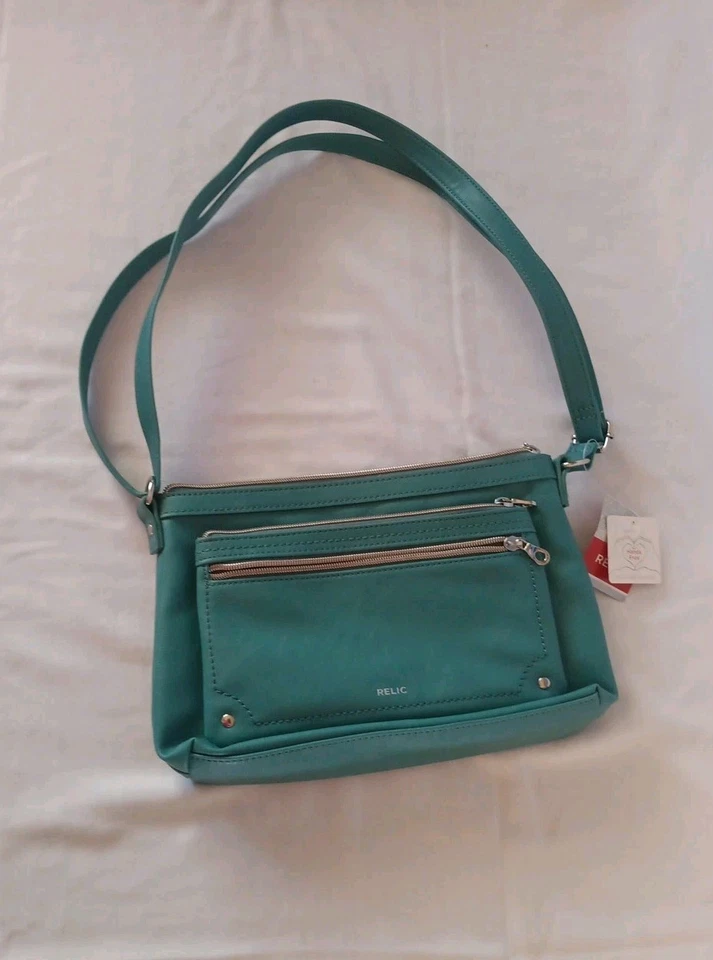 Cartera Bandolera Relic By Fossil Evie Para Mujer Verde Azulado Cuero Sintético Triple Cremallera Nueva Foto 1 de 4