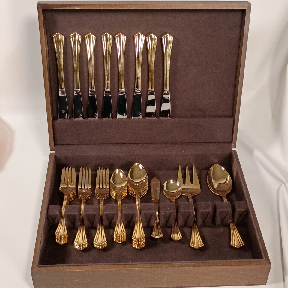 Luxury Gold Tone Flatware Set 12 Piece Service for 4 Cutlery Utensils In Case - Image 1 of 4