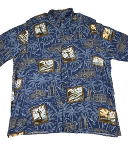 Reyn Spooner Hawaiian Shirt Mens 2XL Blue Art of Eddy Y Rayon Surf Woody Aloha - Picture 1 of 7