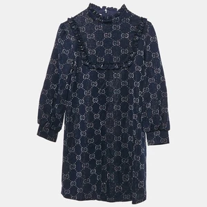 Gucci Kids Navy Blue Lurex and Cotton Intarsia Knit Ruffled Dress 12 Yrs - Picture 1 of 7