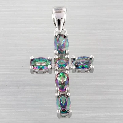 Latin Cross 4x6 Oval Rainbow Mystic Topaz Silver Jewelry Necklace Pendant - Image 1 of 4