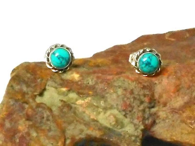 Round Blue TURQUOISE Sterling Silver 925 Gemstone Stud Earrings - 5 mm - Image 1 of 4