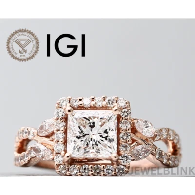 2 Ct Princess Cut Lab Grown Diamond Halo Engagement & Wedding 14K Rose Gold Ring - Image 1 of 4