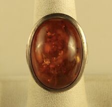 Vintage Sterling Silver Signed 835 Oval Baltic amber Stone Cabochon Ring 7 1/4