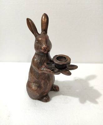 Metal Rabbit Candle Holder bunny hare sculpture table top Copper Antique Finish - Image 1 of 4