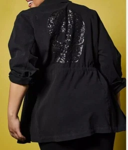 Neu mit Etikett Torrid 2 18 20 Lovesick Totenkopf Pailletten Mantel Jacke Goth schwarz Kordelzug zum Binden - Bild 1 von 23