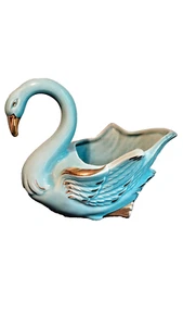 Vintage American Bisque Swan Planter Turquoise Color Gold & Black Accents Used - Picture 1 of 19
