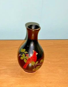 Vintage Otagiri Japan Hand Painted Red Cardinal on Branch Bud Vase Black Gold - Picture 1 of 3