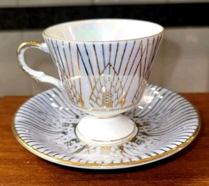 Vintage German Lusterware Cup Saucer Set Handpainted Gold Accents Coffee Tea - Picture 1 of 6