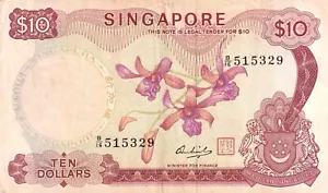 ๐ธ๐ฌ Singapore,$ 10 Dollars, 1967/1973, p3 ,Serial Number: B/16515329 - Picture 1 of 2