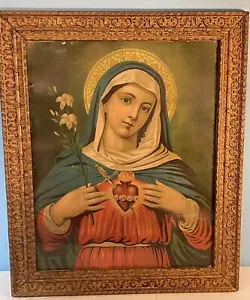 Antica Cornice Gesso Cuore Immacolato di Madre Maria Stampa Religiosa 24" X 20" - Foto 1 di 21