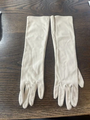Vintage One Size Stretch Nylon Formal 14” Long Gloves Beige - Image 1 of 2