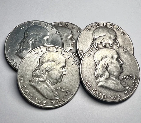 [Lot of 5] Ben Franklin Half Dollar Lot 90% Silver 1948-1963 FREE Shipping Cover