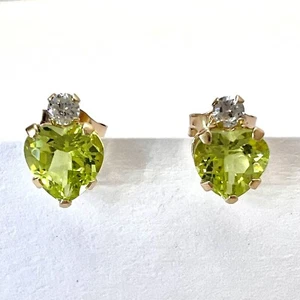 10K Solid Yellow Gold Peridot Heart With CZ Accents Stud Earrings Petite 5/16” - Picture 1 of 12