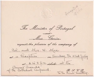 Invitación del Ministro Portugal cena de recepción 1950 - Imagen 1 de 2