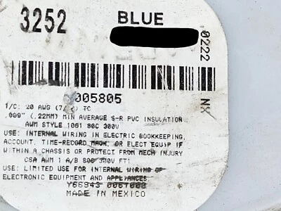 Cable de conexión Alpha Wire 3252 #20awg cobre estañado UL-1061 80C/300V azul/50 pies Foto 1 de 4