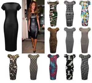 New Ladies Women's Printed Midi Bodycon Dress UK Plus Size 8-26 - Picture 1 of 13