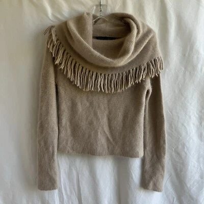 Yansi Fugel Knitted cowl neck with fringes sweater tan, Angora & Nylon, Size M - Image 1 of 4