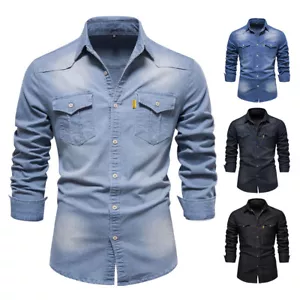 Mens Denim Shirt Casual Long Sleeve Button Down Slim Fit Cowboy Jean Work Shirts - Picture 1 of 28