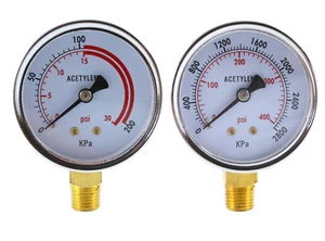 Low and High Pressure Gauges for Acetylene Regulator - 2.5 inches 1/4"NPT (PAIR) - Picture 1 of 4