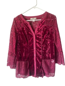 Vintage America red womens blouse red lace velvet L vampire vibe feminine - Picture 1 of 7