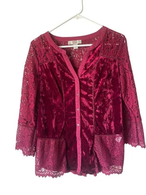 Blusa feminina vintage América vermelha renda vermelha veludo L vibração vampiro feminina - Imagem 1 de 4