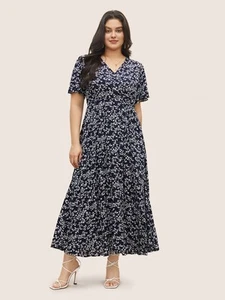 BloomChic Flutter Sleeve Ditsy Floral Pocket Split Maxi Dress Indigo Size 12/L - Picture 1 of 9