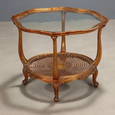 Table Basse Ancienne Bois Doré Verre Italie XXe Siècle Originale - Photo 1/4