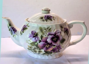 Vintage Swirl Ceramic Purple Pansies Gold Trim Teapot And Lid Made in England - Picture 1 of 7
