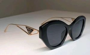 Prada Black Cat-Eye Sunglasses Geometric Gold Arms Logo Women's Used Unique VGC  - Picture 1 of 12