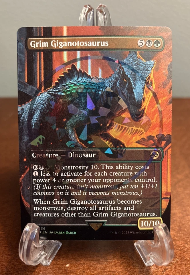 MTG Grim Giganotosaurus Borderless Emblem Foil Universes Beyond Jurassic World - Image 1 of 2
