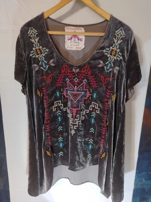 Túnica de terciopelo bordada Johnny Was marrón talla grande B8 Foto 1 de 4