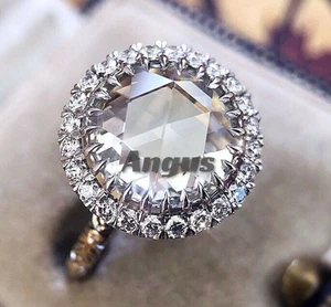 Anillo de compromiso de moissanita con halo redondo corte rosa de 3,32 quilates de oro blanco sólido de 14 quilates - Imagen 1 de 4