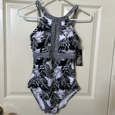 Maiô tropical Catalina One Piece preto e branco tamanho pequeno novo com etiquetas - Imagem 1 de 4
