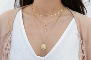 14K Solid Gold Moon Star Lightning Bolt Charms Choker Necklaces -Valentine's Day - Picture 1 of 4