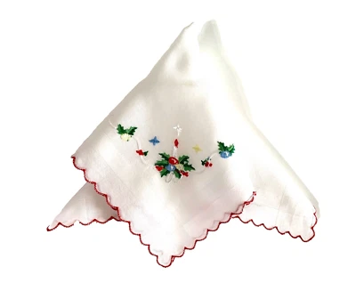 Pañuelo vintage con borde festoneado rojo acebo vela de Navidad navideña Foto 1 de 4