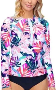 Island Escape Women's Multi Long SLeeve Half Zip Rashguard Swimsuit Size Large - Picture 1 of 6