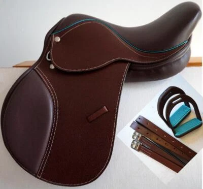 EQUITEM 14" 15" Teal Trim Brown WIDE PoNy YoUtH EngLish SaddLe JuMp Close Contact-3pc