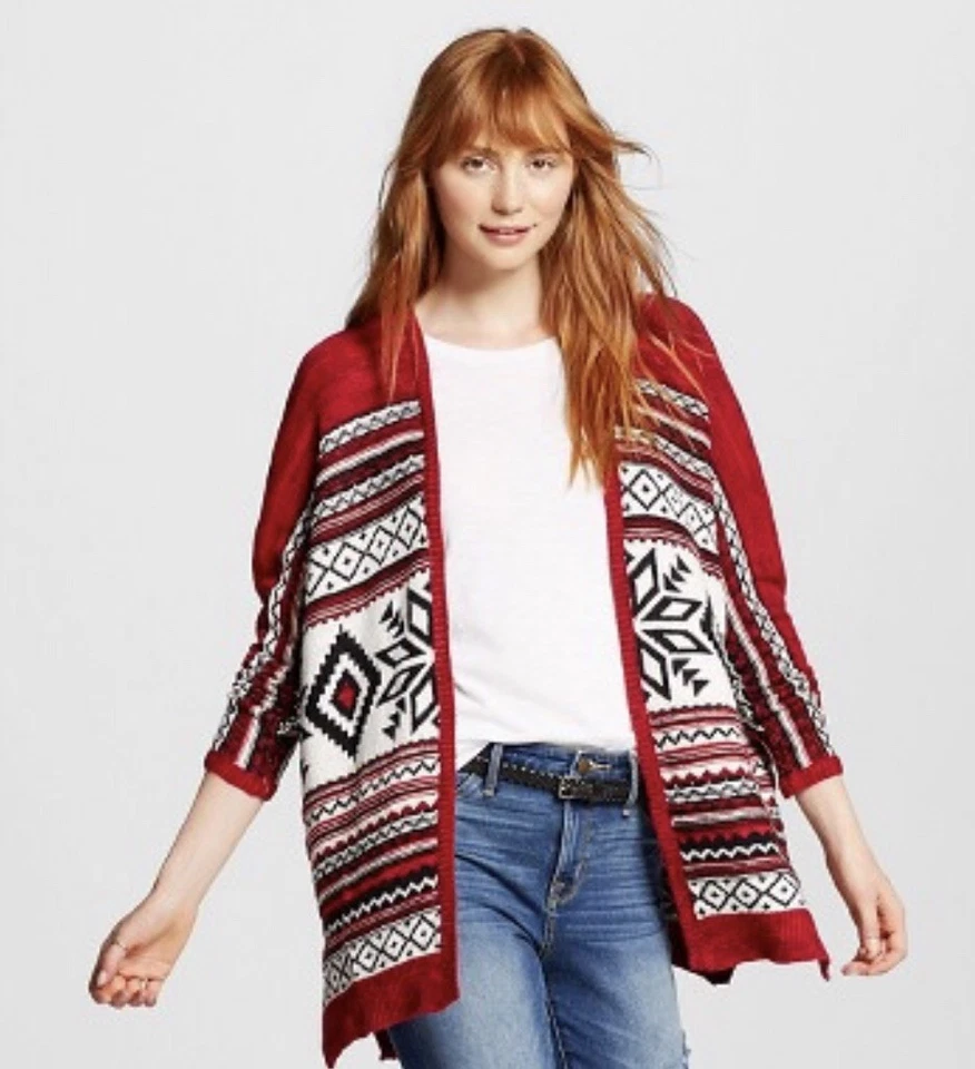 NEW Mossimo Womens Holiday Oversized Tribal Poncho Open Cardigan Red Burgundy XS - Image 1 of 1