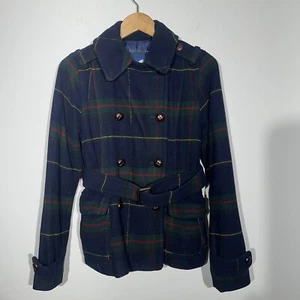 American Eagle Outfitters Pea Coat Womens Short Wool Plaid Jacket Belted S/P - Picture 1 of 14