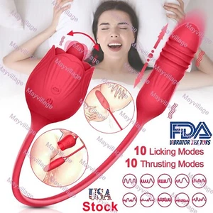 Tongue Licking Rose Vibrator Clit G-spot Thrustin Dildo Bullet Sex Toy for Women - Picture 1 of 24