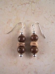Brown Wood Bead Dangle Drop Silver Earrings Women’s Handmade Artisan Jewelry - Picture 1 of 5