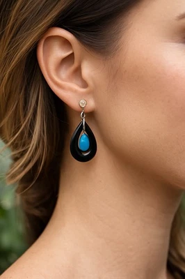 Vintage Diamond Earrings 14K White Gold Blue Turquoise Onyx Teardrop Dangle - Image 1 of 4