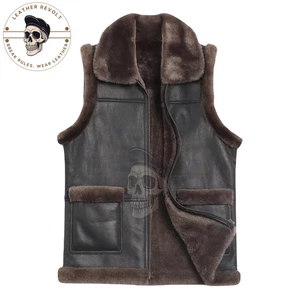 Men's Brown Real Sheepskin Leather Vest Vintage Shearling Lined Biker Fur Collar - Picture 1 of 3