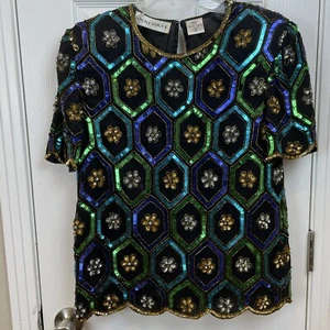 Night Vogue Womens Silk Blouse Size Medium Black Sequined Geometric Short Sleeve - Picture 1 of 14