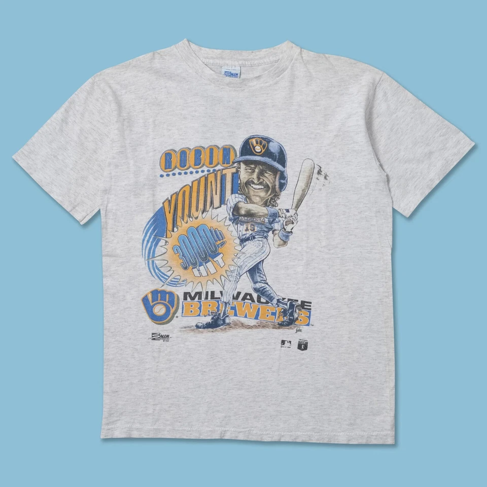 Camisa Robin Yount 3000th Hit caricatura manga corta color ceniza KV29902 Foto 1 de 1